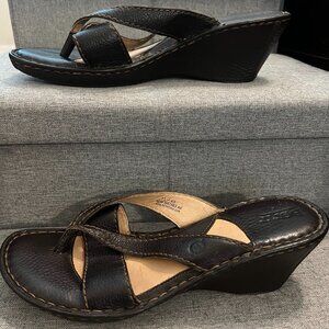 Born Brown Leather Casual Thong Wedge Sandals - Size 11
